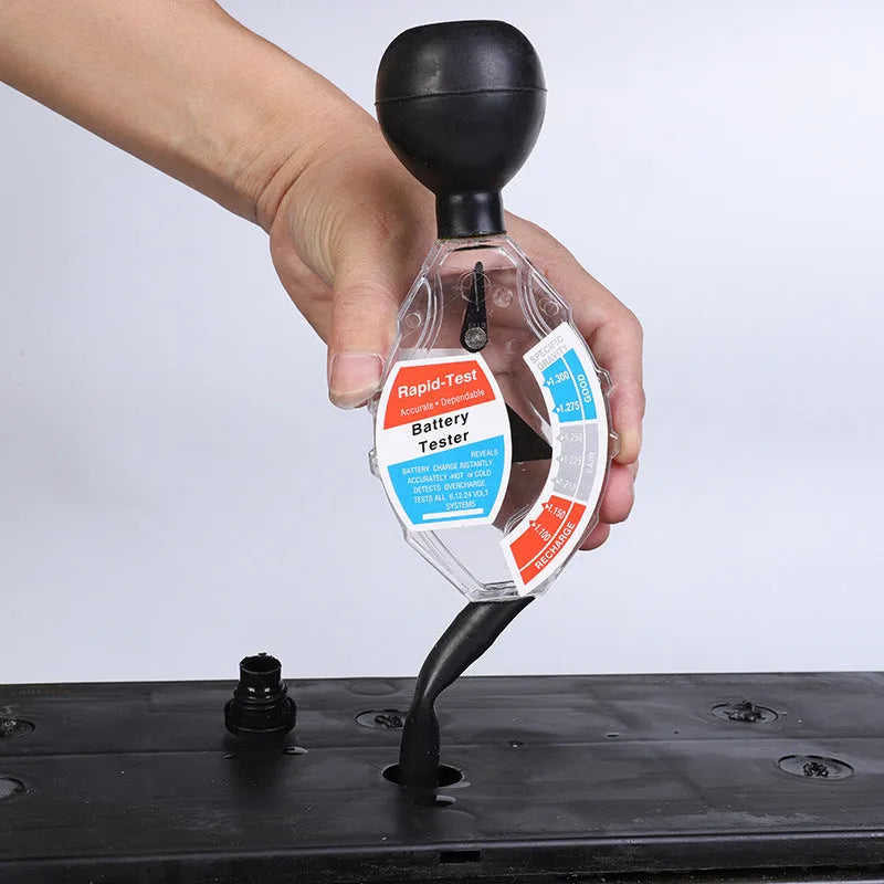 Suction electrolyte hydrometer for lead acid battery testing showing measurement scale and ABS construction