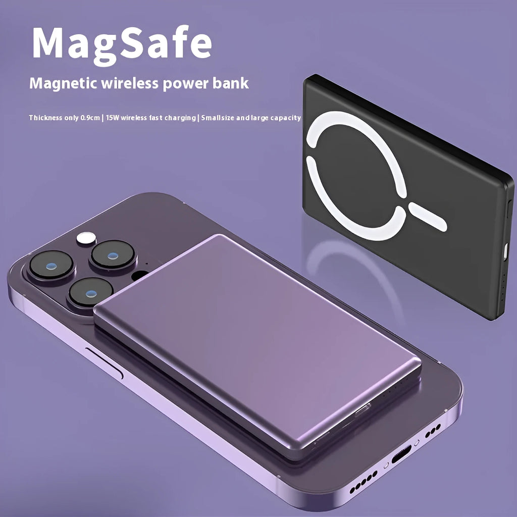 Ultra-thin magnetic power bank measuring 105x66x9mm with alloy shell