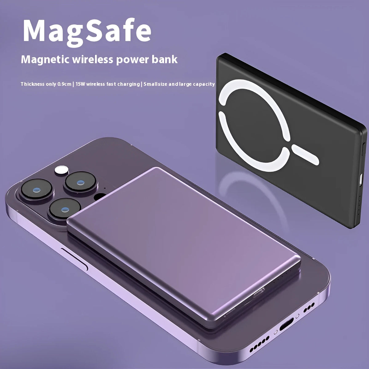 Ultra-thin magnetic power bank measuring 105x66x9mm with alloy shell