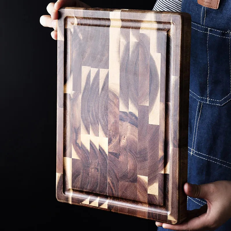 Brown solid wood chopping board with parquet pattern and 3cm thick edge