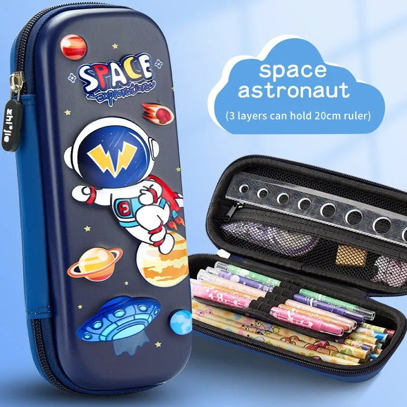 3D leather stationery box pencil case showing detailed spaceship design in black leather.