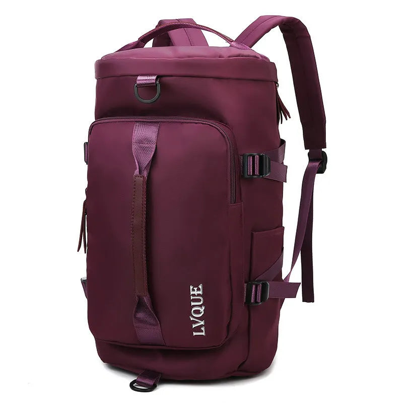 Black convertible nylon gym bag showing backpack, shoulder bag, and handbag modes with separate shoe compartment.