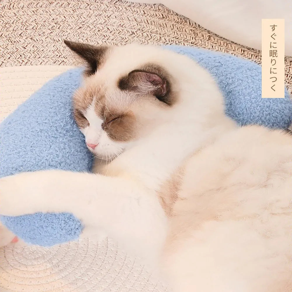 Blue U-shaped cat pillow with adjustable neck collar for sleeping support