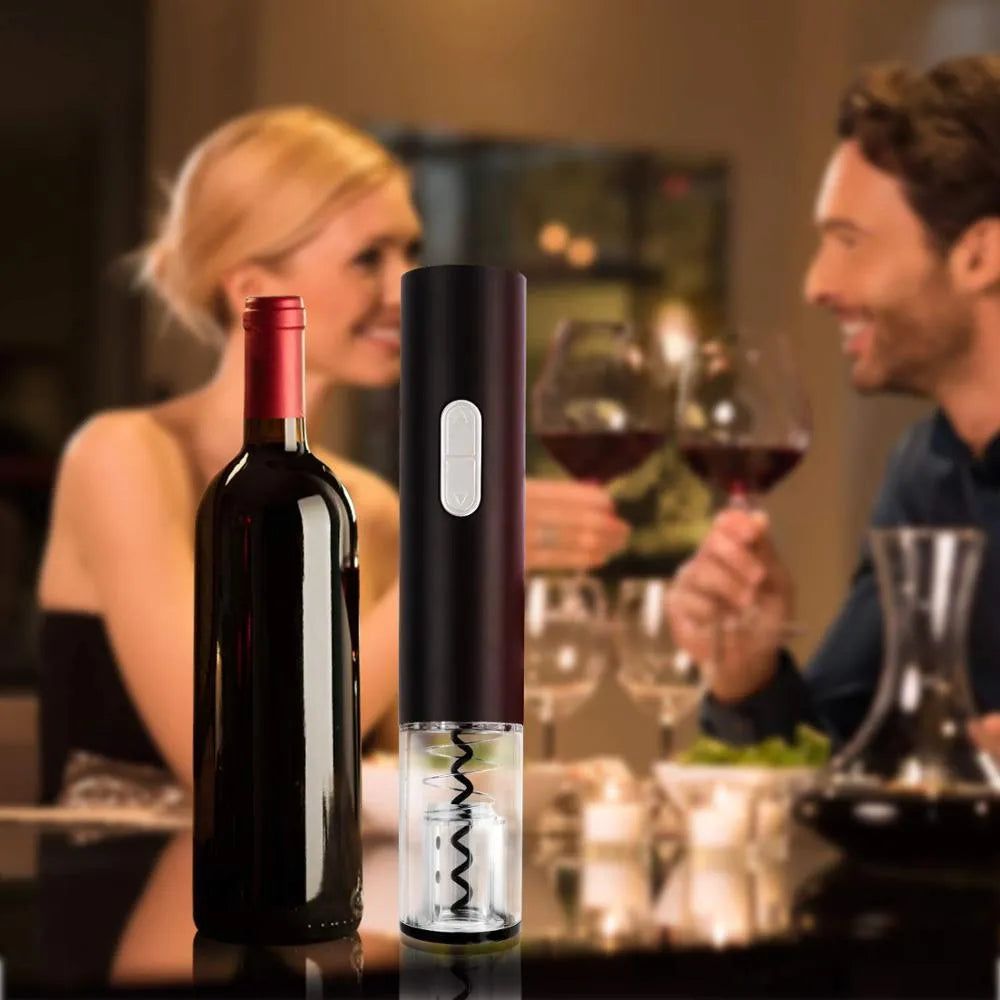 Black automatic electric wine bottle opener with foil cutter on silver wine bottle