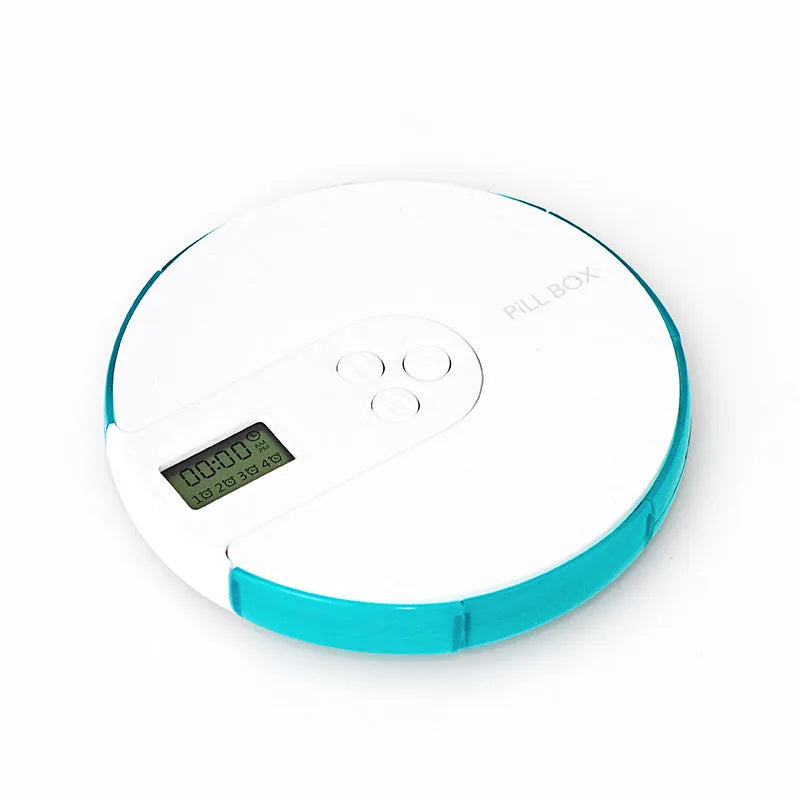 Blue 7-compartment electronic pill dispenser with alarm clock display, shown next to pills.