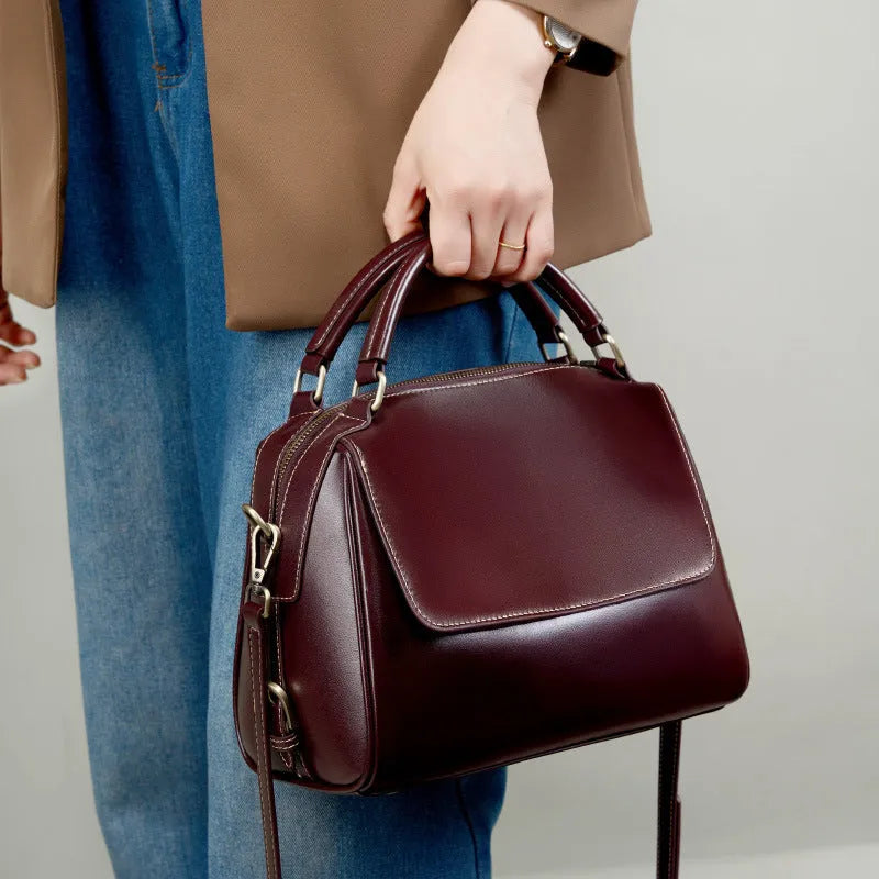 Women's genuine leather crossbody tote bag in cross square shape with dual shoulder straps