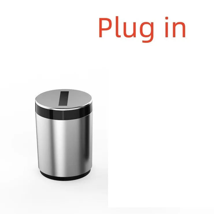 Silver intelligent induction ashtray with automatic lid on a table, showing compact size.