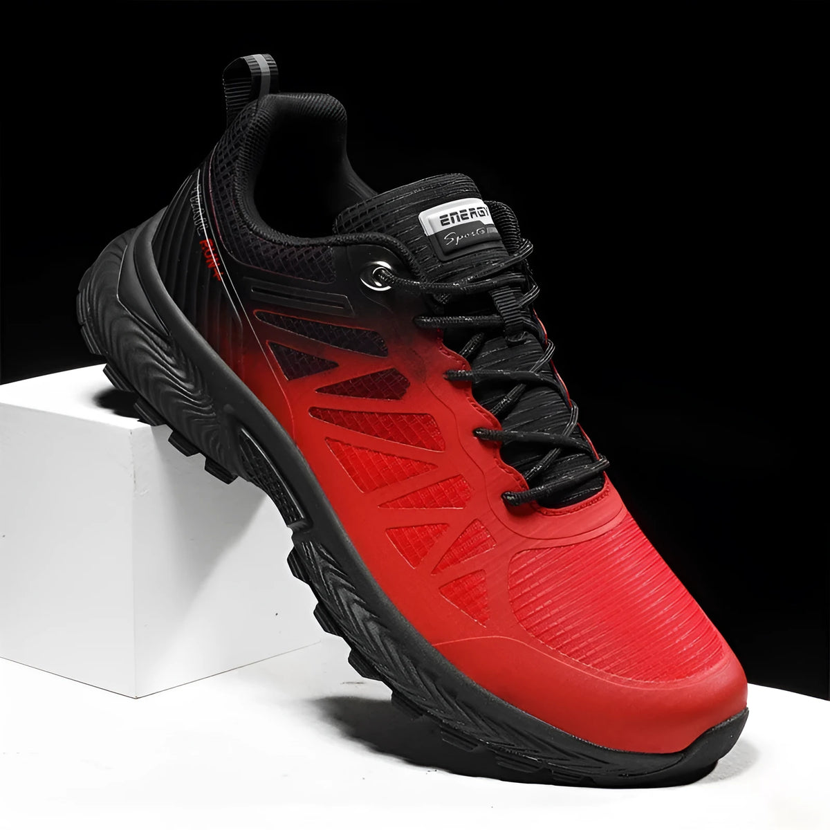 Men's black and grey breathable mesh running shoes with lace-up design and rubber sole