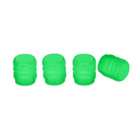 Pack of luminous LED tyre valve caps in blue light colour on a rubber stem.