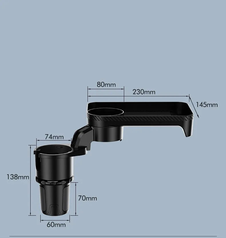 Black ABS plastic car cup holder with integrated rotating dinner tray, shown in a vehicle.