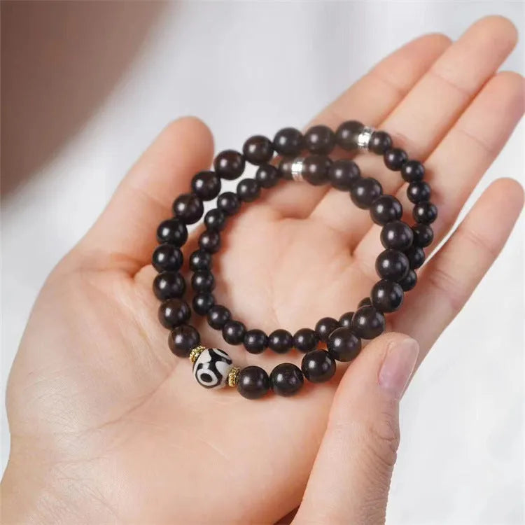 Brown ebony wood Tibetan bead bracelet with two circles of 8mm beads