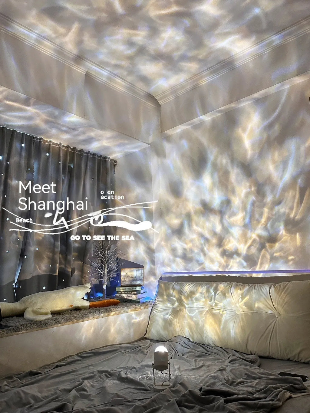 Dynamic water ripple ambience light table lamp on desktop with ceiling mount option