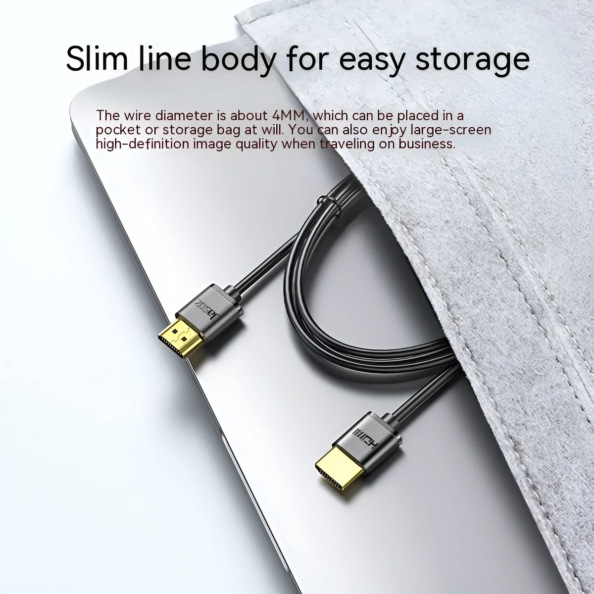 Flexible HDMI video cable with gold-plated connectors, shown in a hairline finish, suitable for computers and projectors.