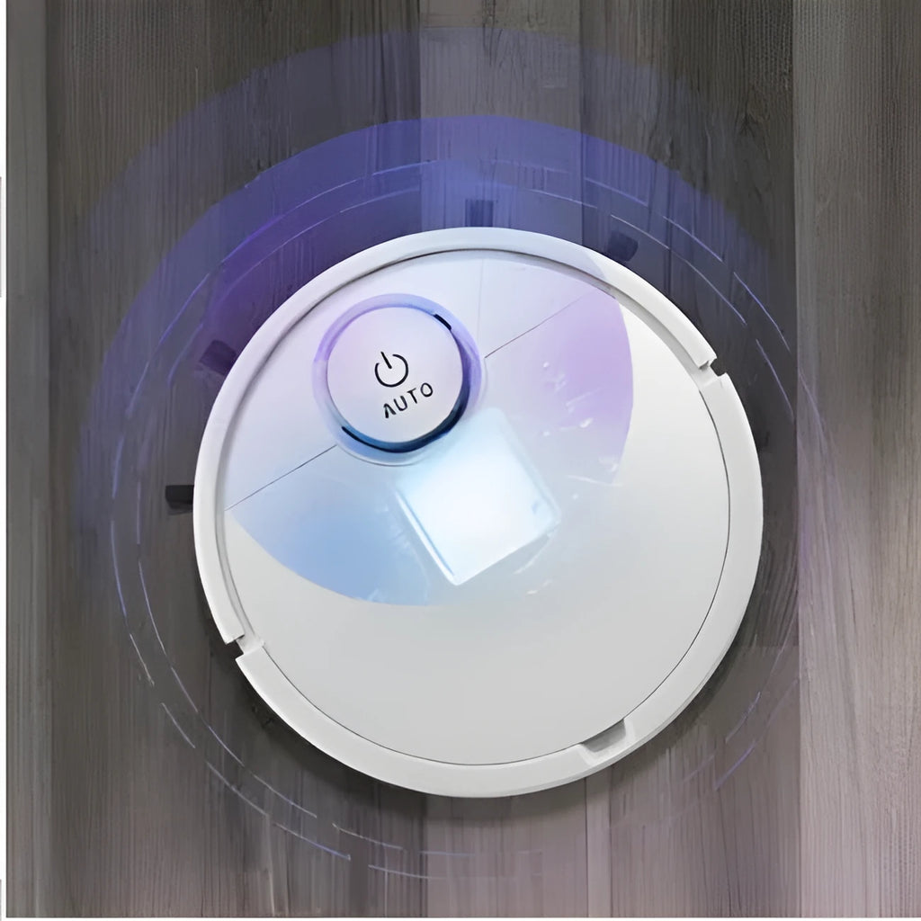 Compact white automatic sweeping robot on a wooden floor