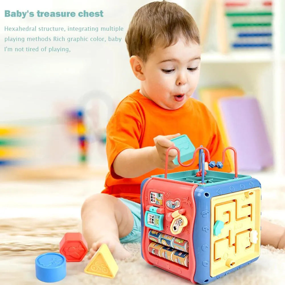 Baby hexahedron educational toy with six different games including bead maze and clock cognition