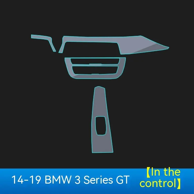 Transparent TPU protective film kit for BMW 3 Series interior dashboard and centre console.
