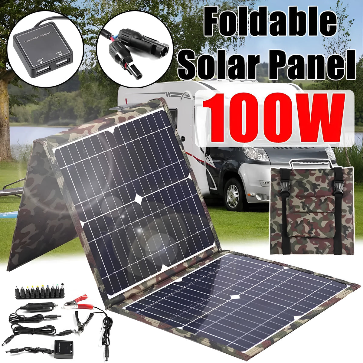 Black foldable 36W portable solar panel with USB outputs for device charging