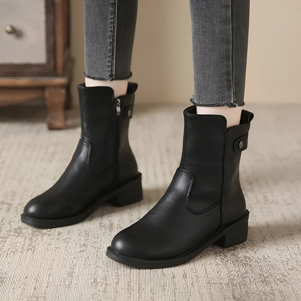 Black women's low heel ankle boots with side zip and round toe
