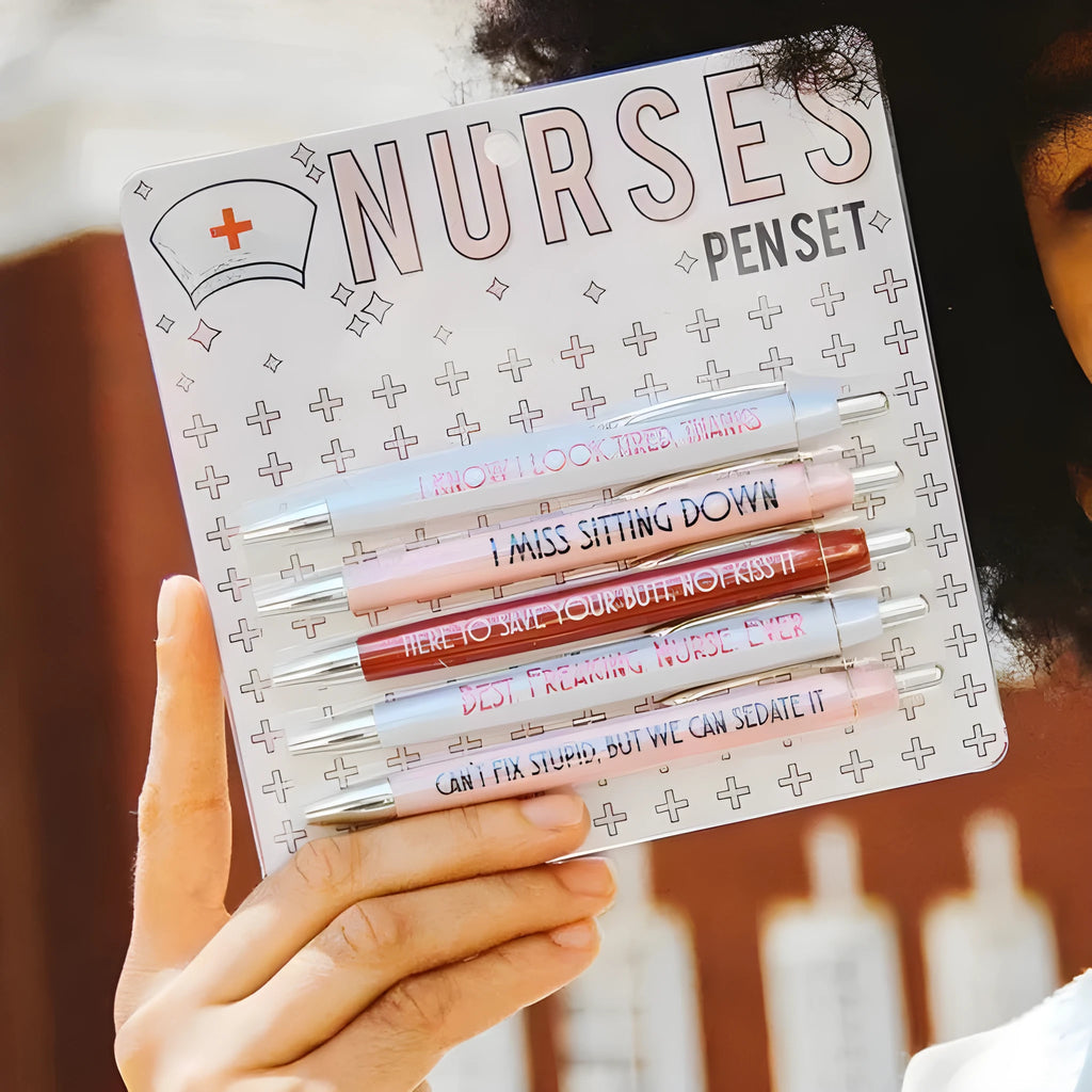 Five nurse-themed retractable ballpoint pens showing medical designs