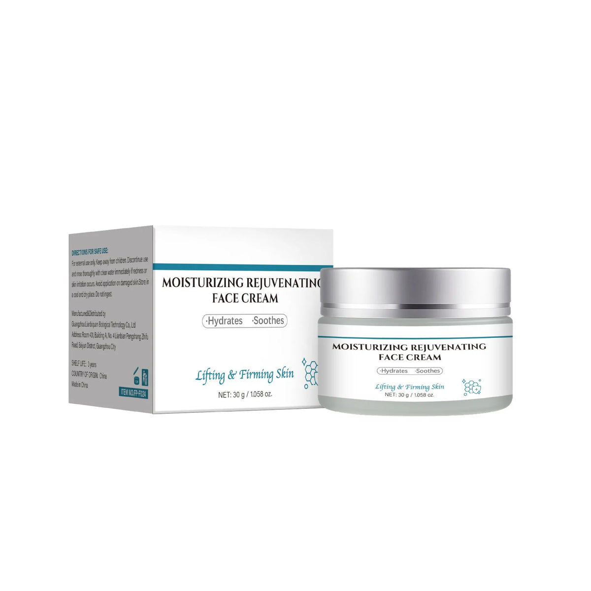 FP-F024 style anti-aging cream container with 30g net content label for facial and body skincare
