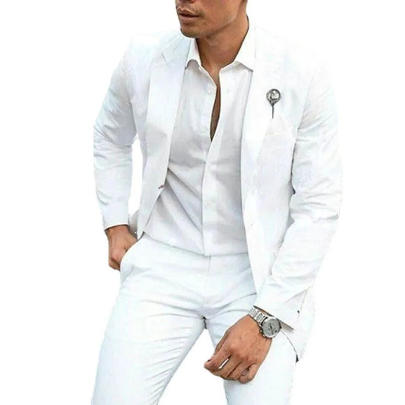 Men's white slim-fit two-piece suit on a hanger, suitable for weddings and business.