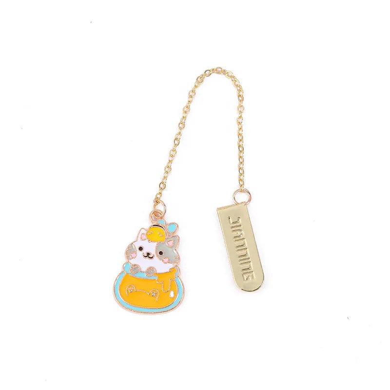 Jane Lime cat metal bookmark with cartoon pendant in four colour designs measuring 3.8cm by 18.3cm