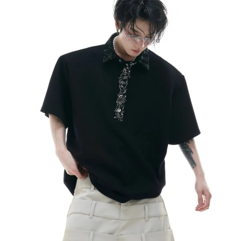 Men's black loose fit square collar short sleeve polo shirt