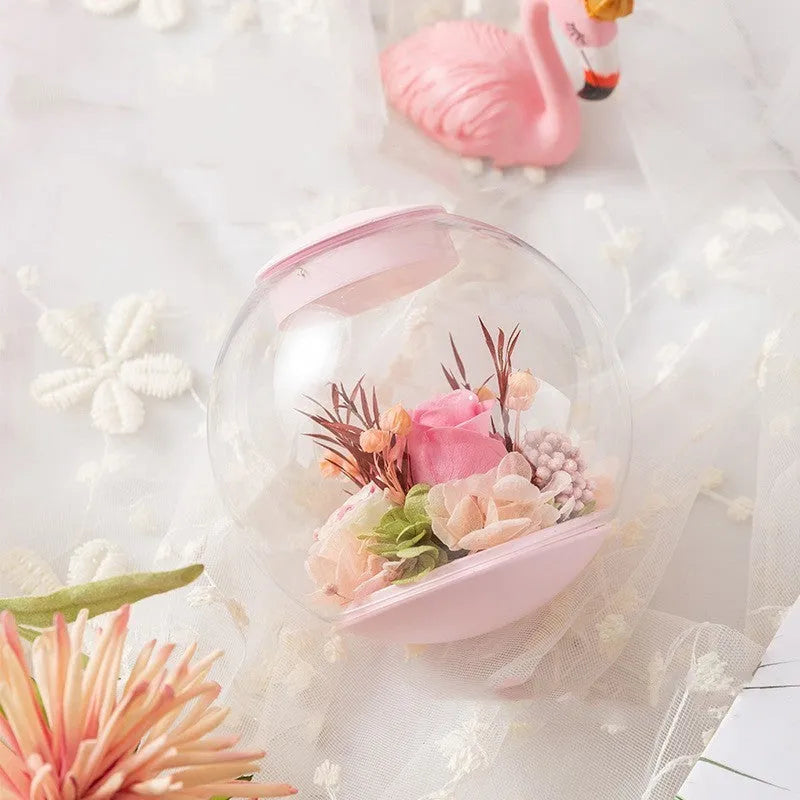 Pink preserved flower rose ornament with optional audio bluetooth and base