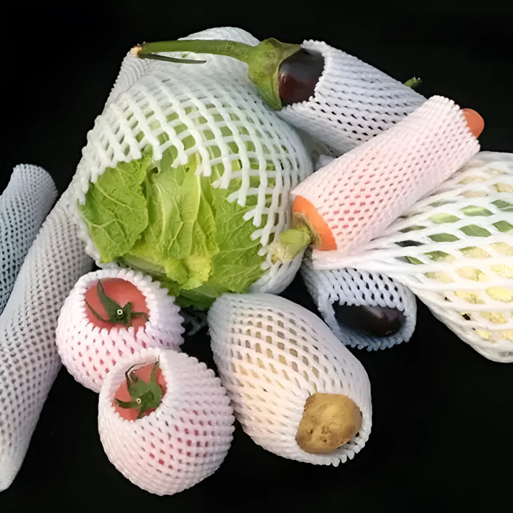 White foam net sleeve for protecting apples pears peaches and citrus fruit from bruising