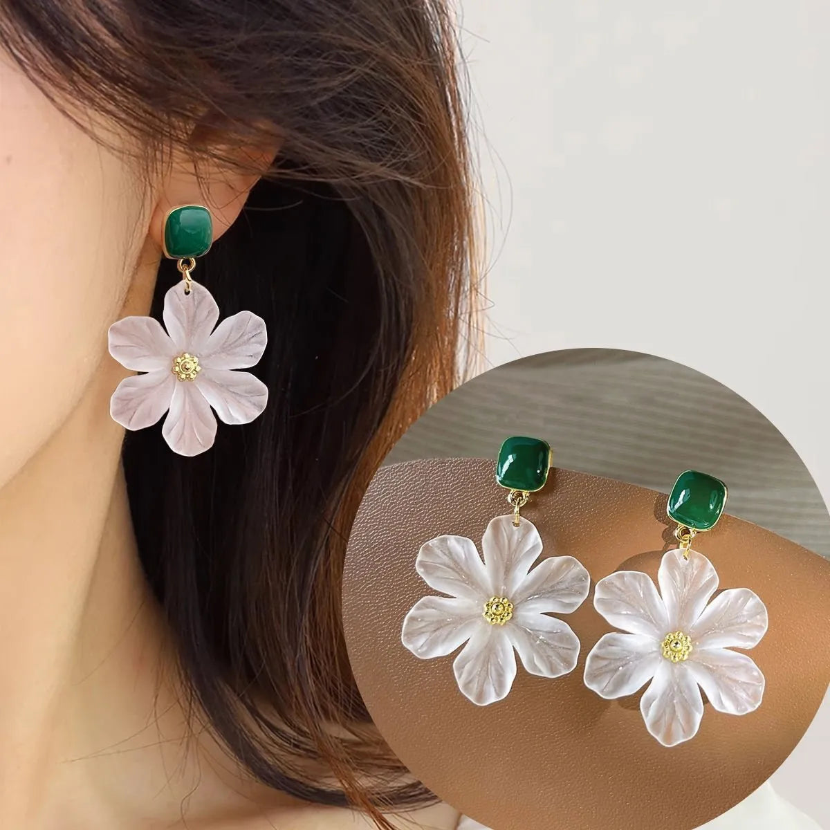 Dark green needle flowers design sweet drop earrings with sterling silver plating
