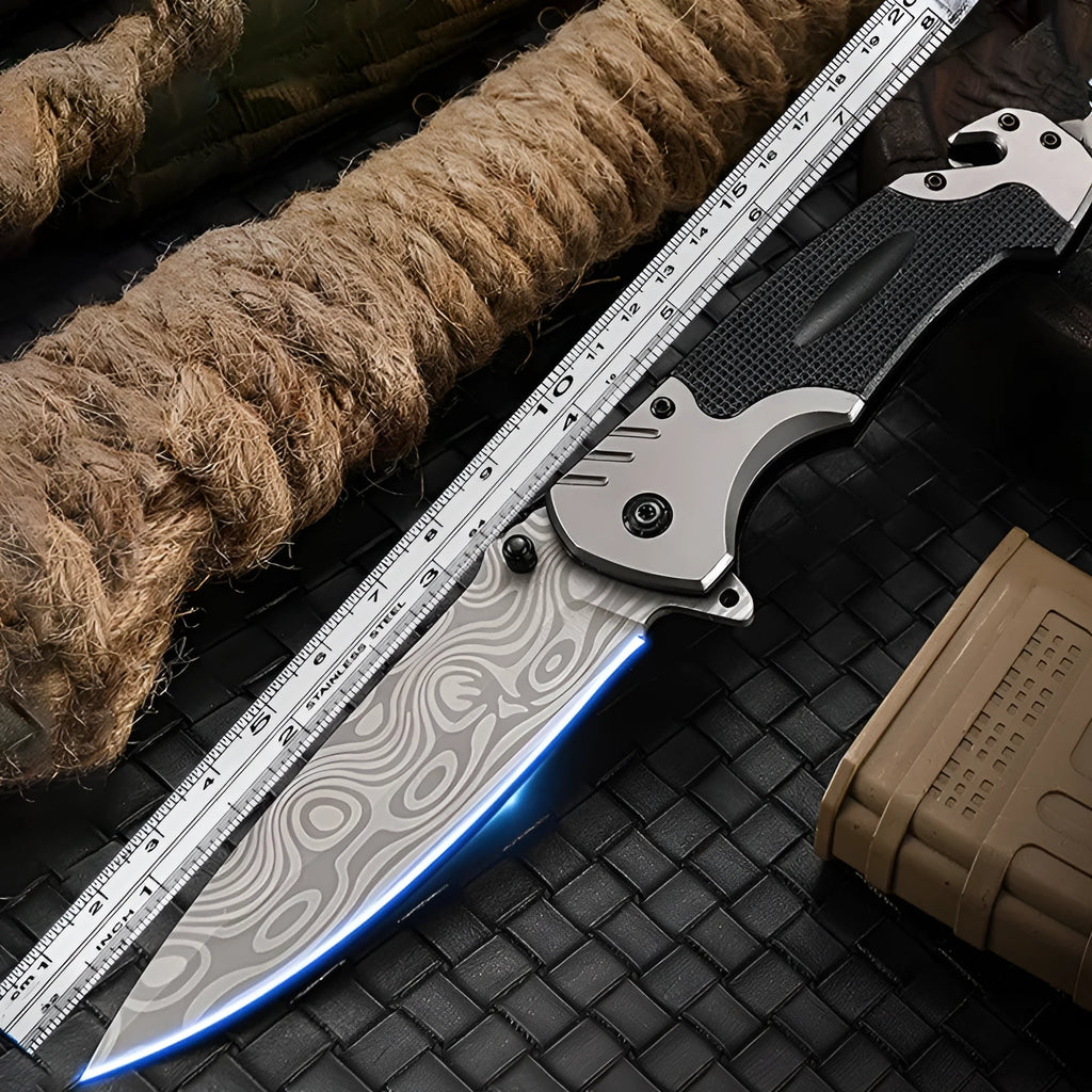 Alloy folding knife showing blade with 60-degree tip angle and 115mm handle length