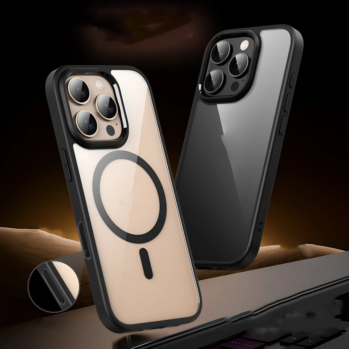 Black transparent magnetic phone case with airbag protection for iPhone 16 models on a white background.