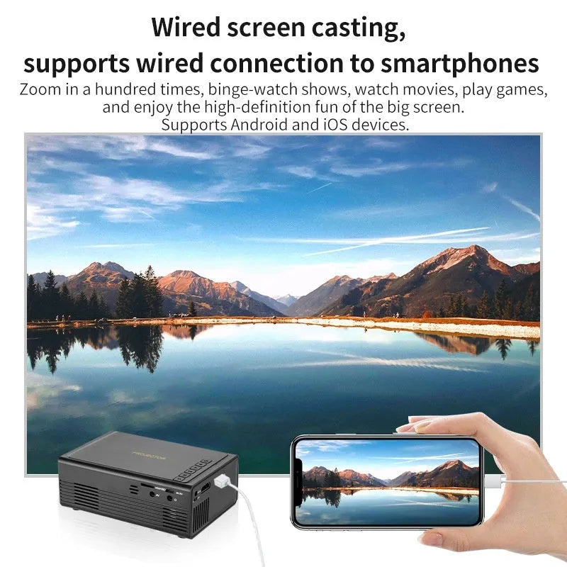 Portable mini projector in black colour showing compact design with connection ports