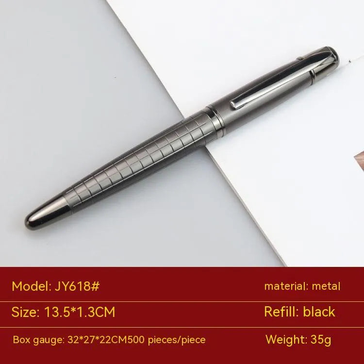 Grey metal roller pen with gun-shaped barrel on white background