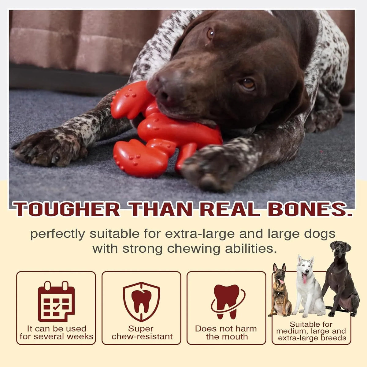 Red hard dog chew toy for large aggressive chewers on a plain background