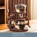 Glass automatic tea set with green gray walnut base, Dragon Xiao nine days design, bowl and fair cup