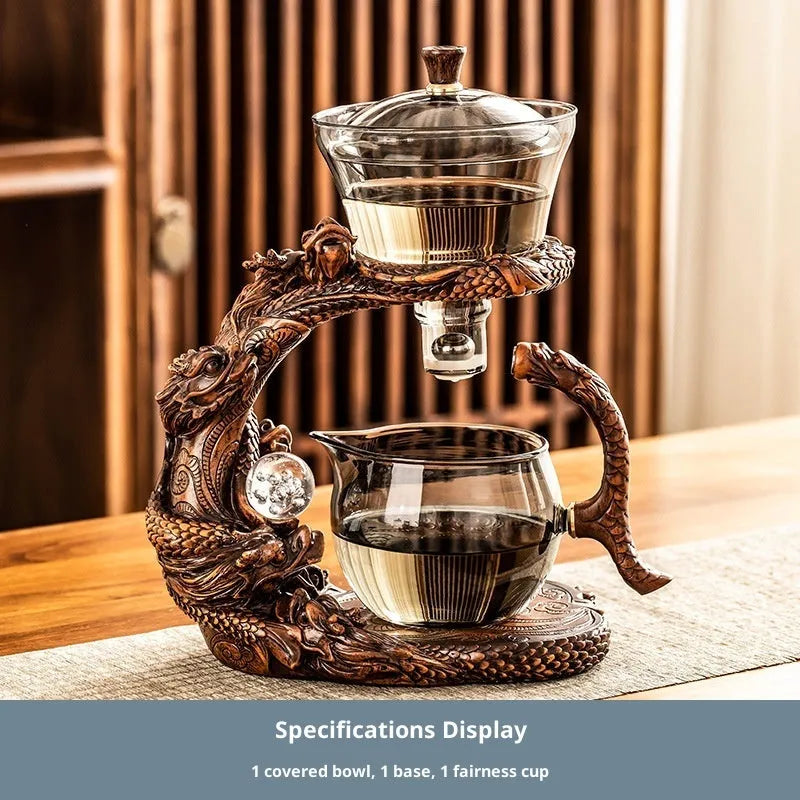 Glass automatic tea set with green gray walnut base, Dragon Xiao nine days design, bowl and fair cup