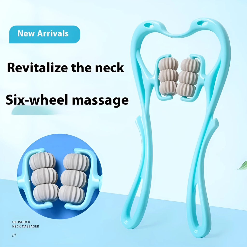 Blue plastic electric back massager with six rotating wheels for neck shoulder and lower back