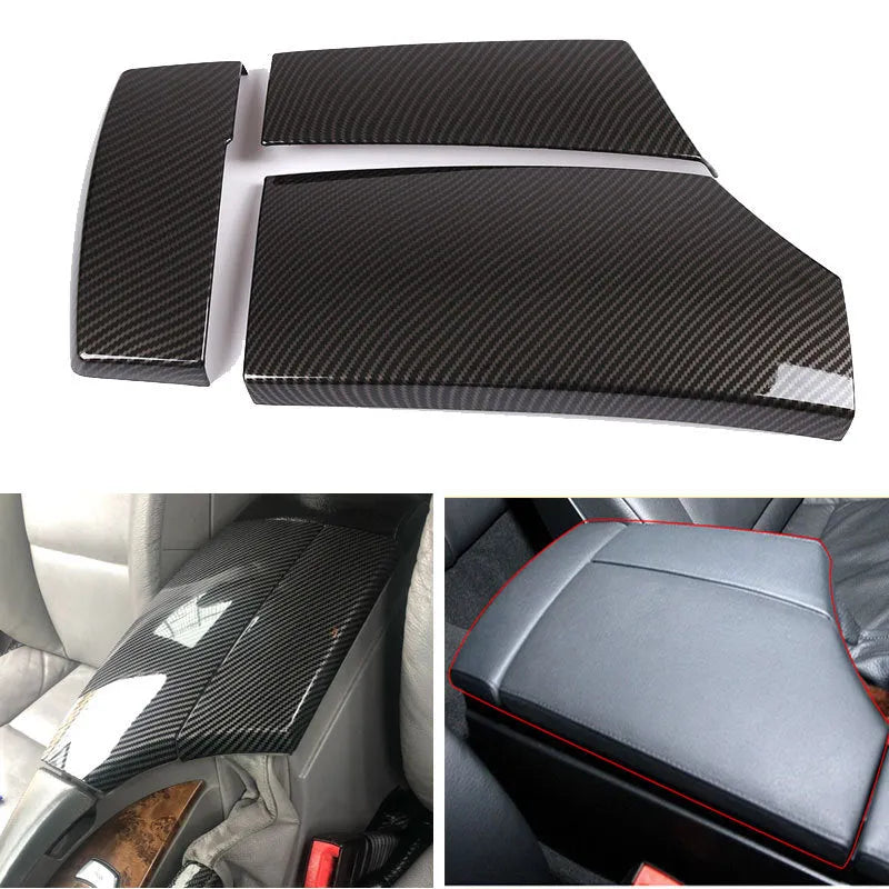 Set of three black ABS plastic car armrest box covers with a diagonal carbon fibre weave pattern.