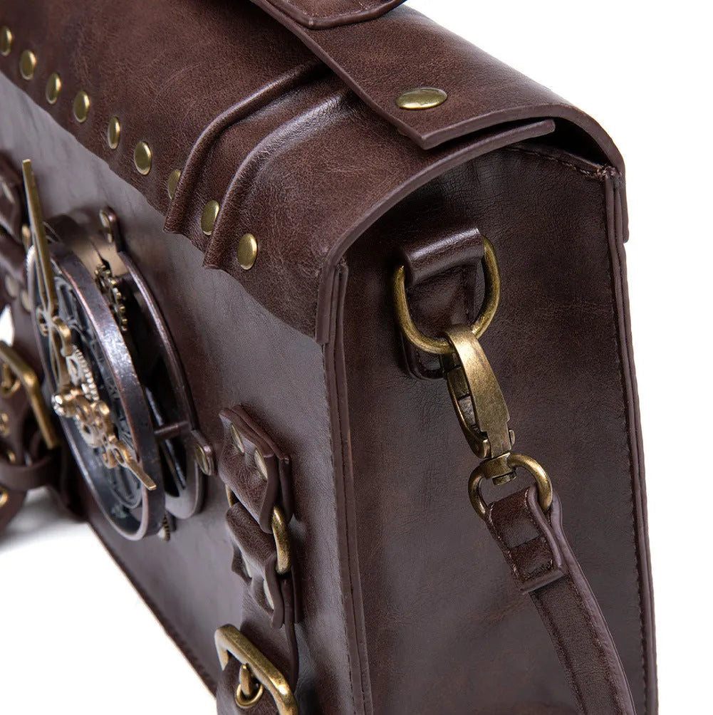 Bronze steampunk industrial retro shoulder bag with metal accents and pillow bag design