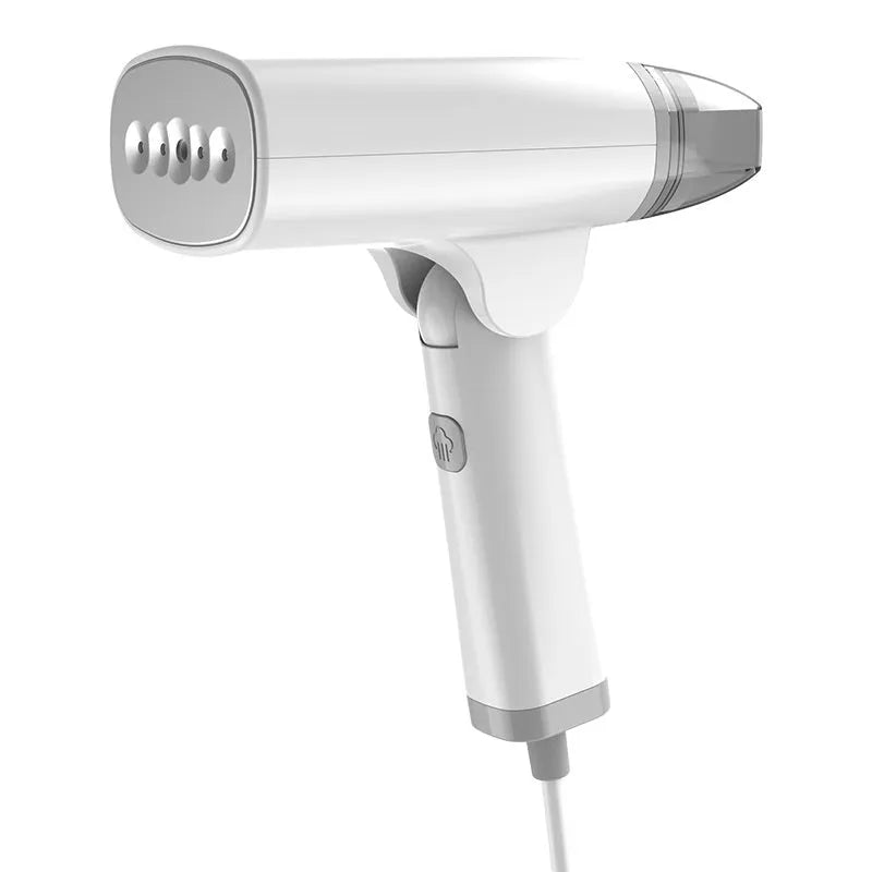 Blue and white handheld garment steamer with water tank and nozzle.