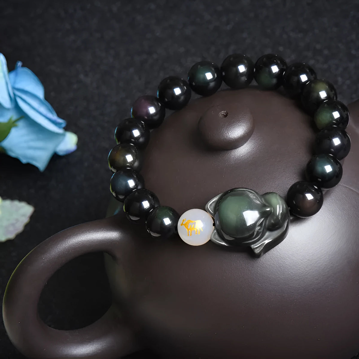 Natural obsidian bracelet with 10mm beads in national style, showing gold obsidian, silver stone, and obsidian options.