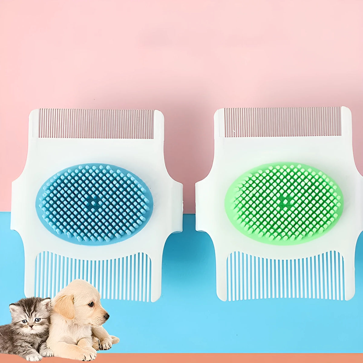 Blue and green multifunctional pet comb for dog grooming with floating hair removal, massage, and flea control features
