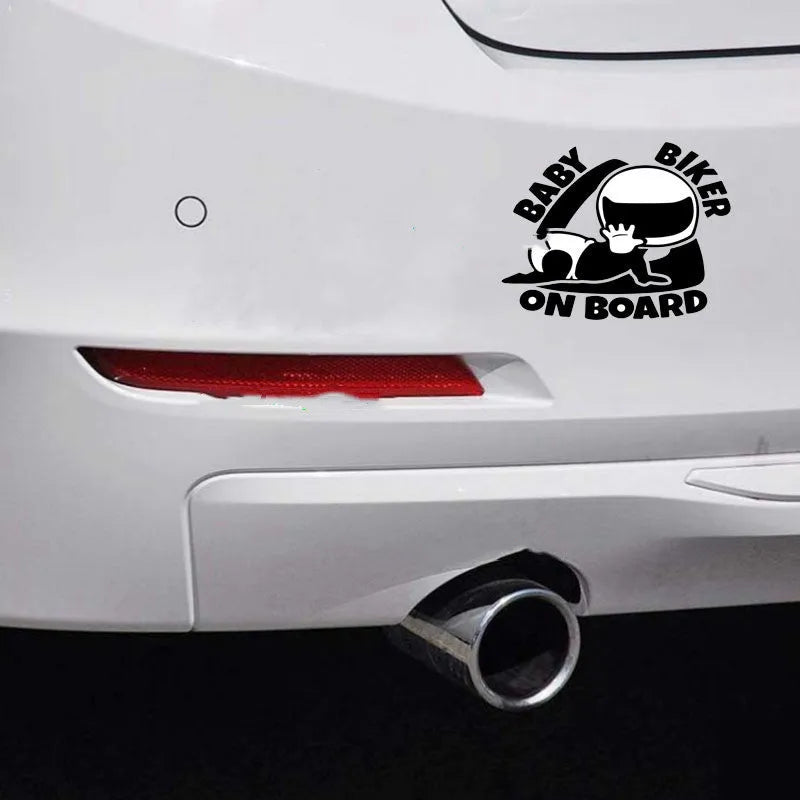 Black and white reflective BABY ON BOARD humorous warning car sticker measuring 14.5 by 15 centimetres.