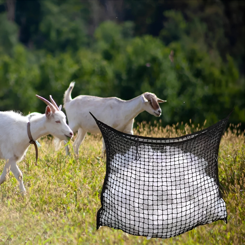 Woven grid hanging feeding bag made of PE rope, shown in black, suitable for horses and cattle.