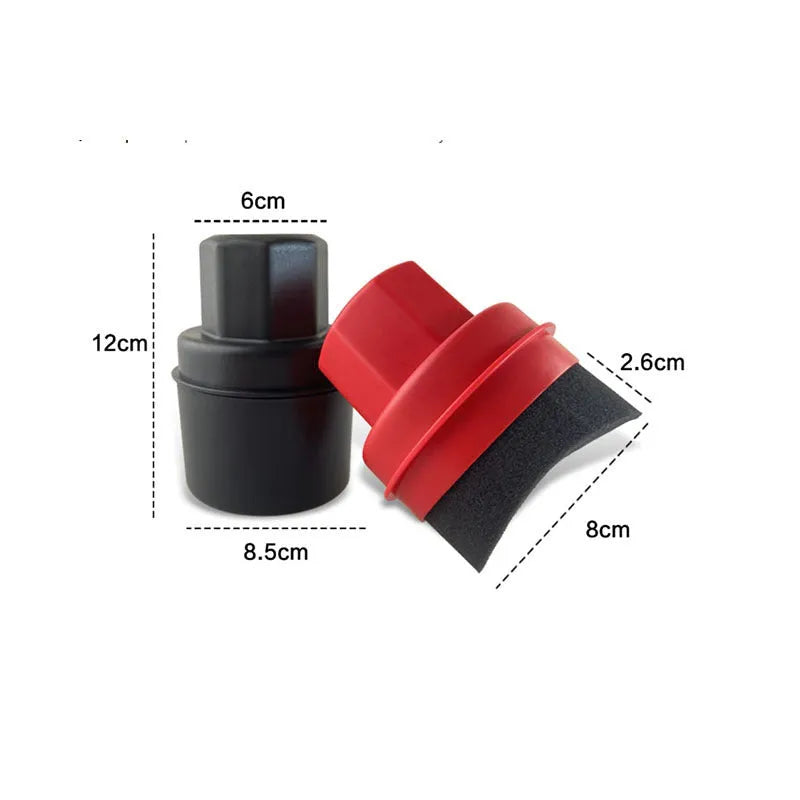 Car tyre polishing sponge brush with lid showing 85x120mm dimensions and four colour-hardness sponge options