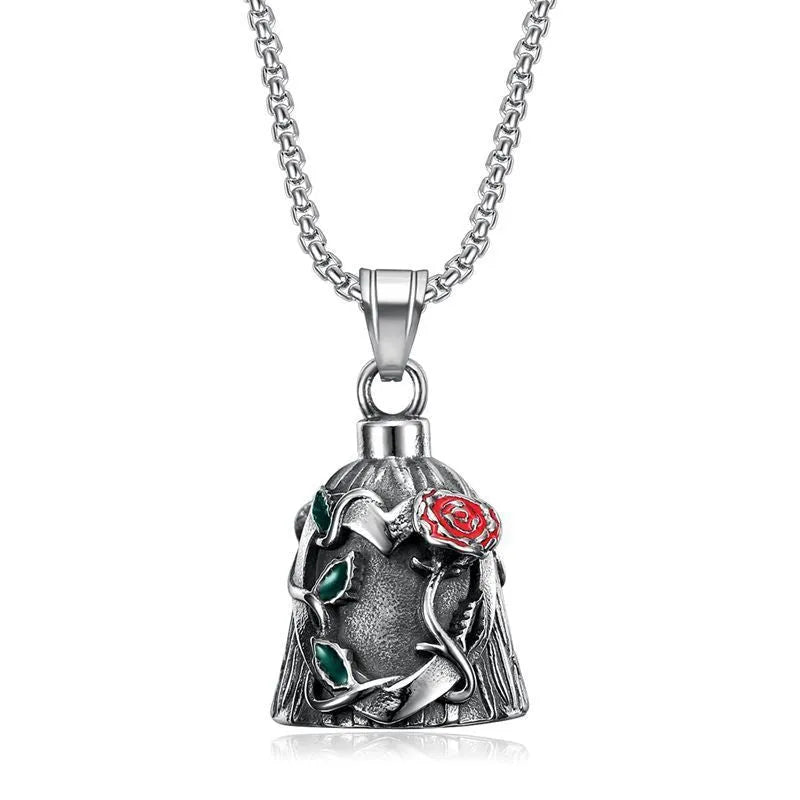 Polished titanium steel motorcycle lucky bell pendant with a double-sided epoxy rose in a geometric shape.