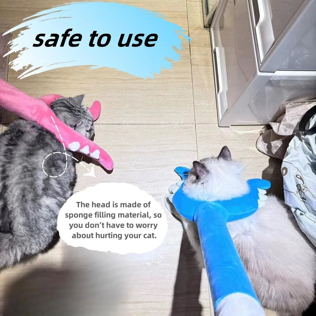 70cm blue plush cat wand toy with foam-filled front for interactive indoor play