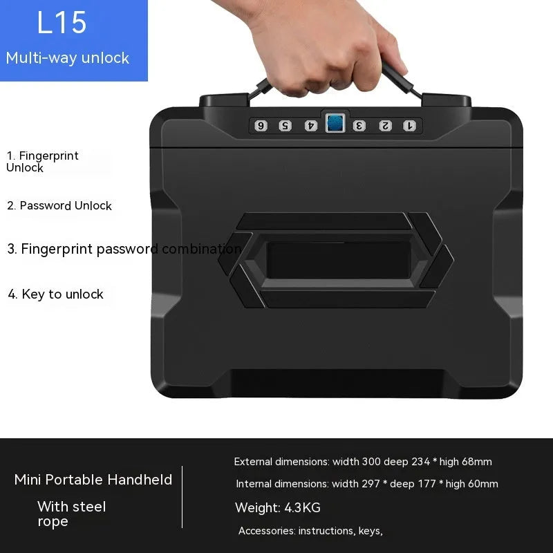 Compact grey portable mechanical safe box with key lock for personal valuables storage.