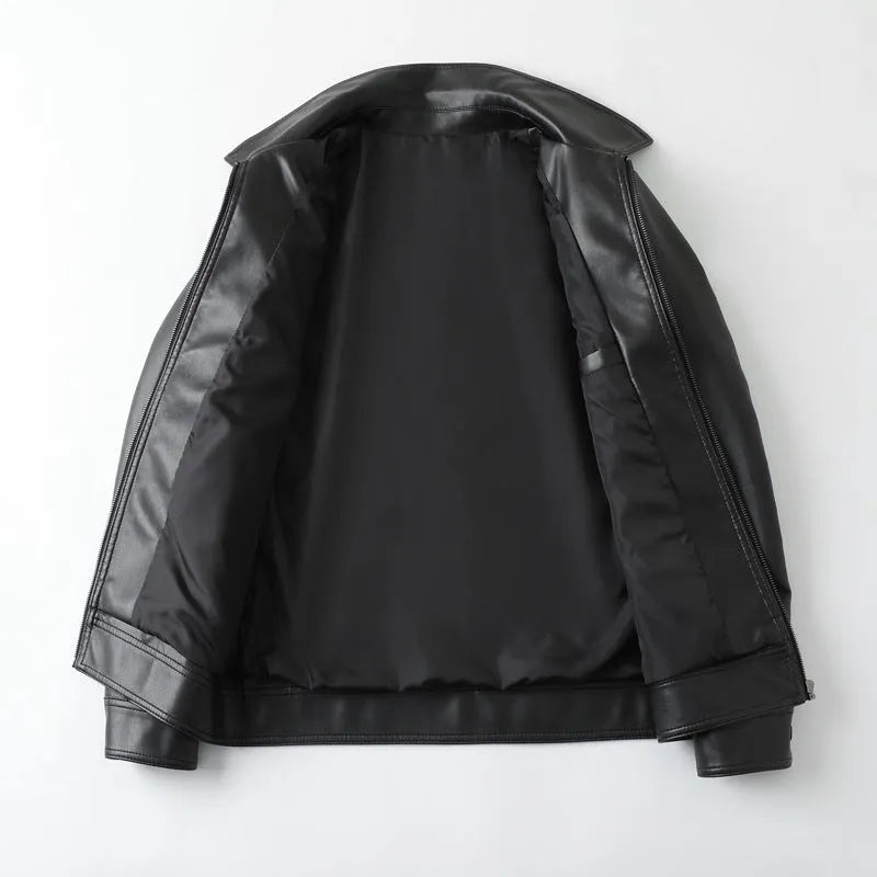 Black men's PU leather casual jacket with zipper pockets and loose fit